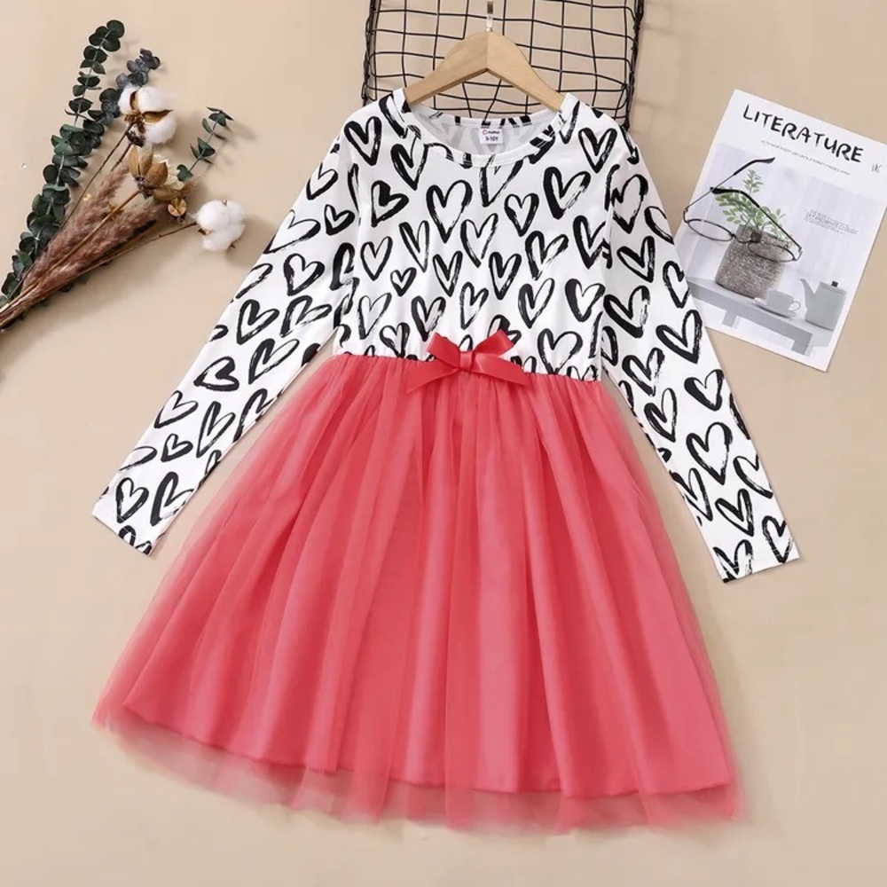 Kid Girl Letter/Heart Print Bowknot Long-Sleeve Dress Size 11/12